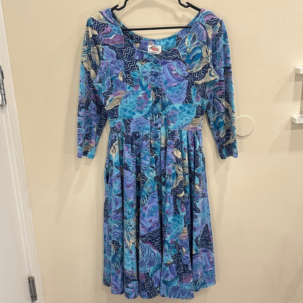 VTG 80s Lanz Originals Fish Print Dress Blue Purple Button Front Midi Pockets L